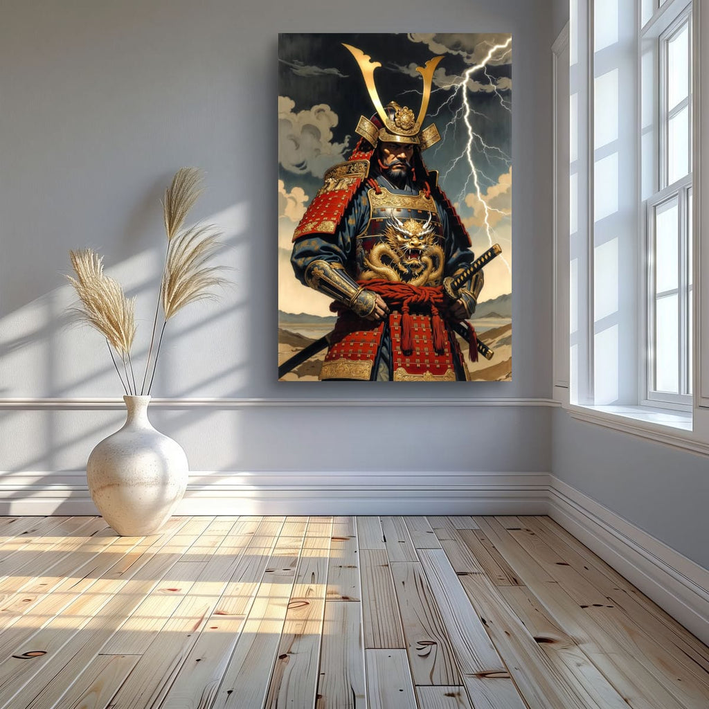 Red Armor Samurai Artwork | Lightning Storm Wall Art