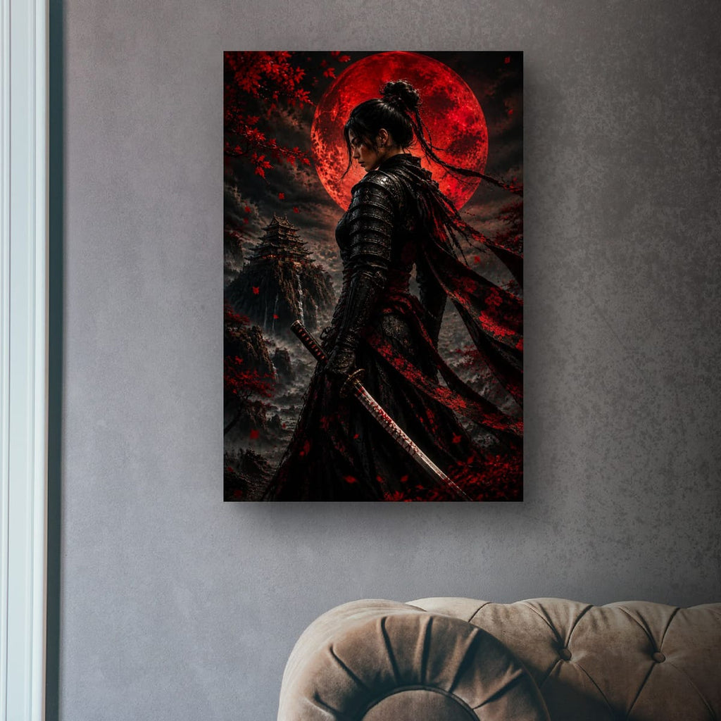 Japanese Warrior Under Red Moon | Elegant Samurai Wall Art