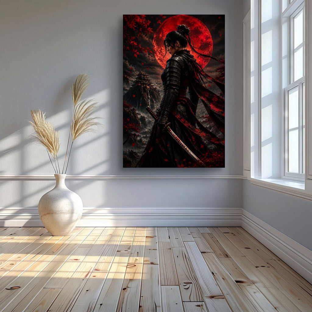 Japanese Female Warrior Poster | Red Moon Katana Artwork