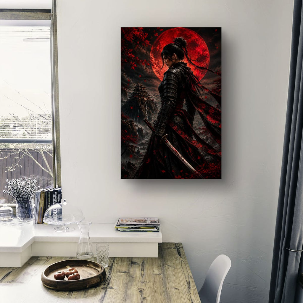 Crimson Moon Samurai Woman | Dark Fantasy Canvas Print