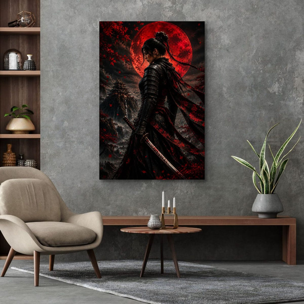 Onna Bugeisha Red Moon Canvas | Japanese Warrior Wall Decor