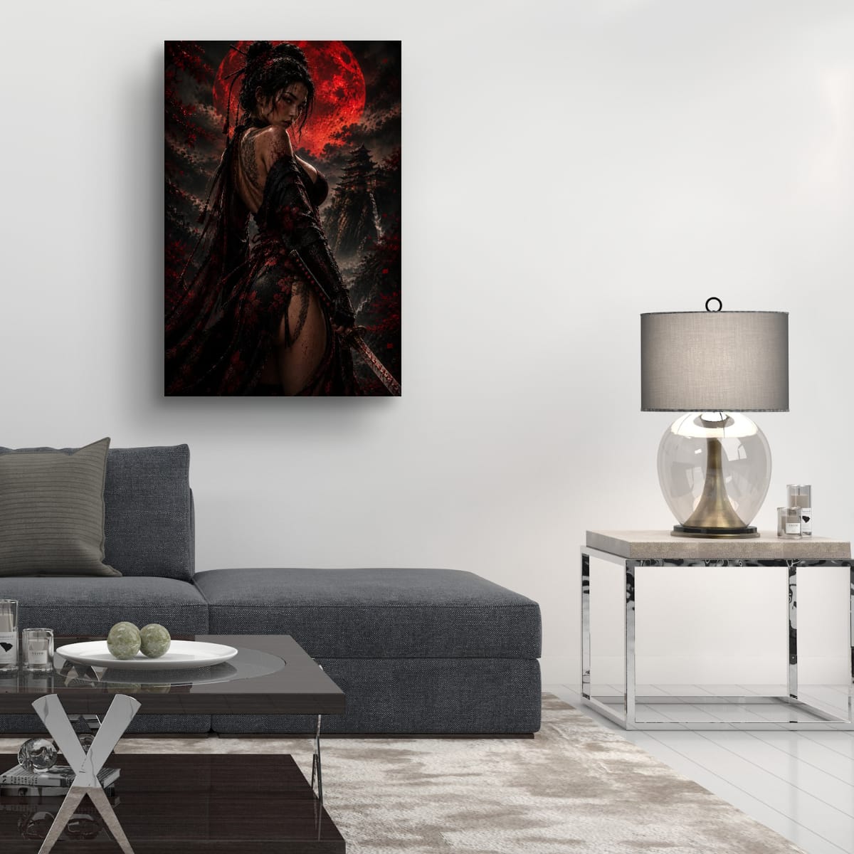 Japanese Female Warrior Art | Red Moon Katana Canvas