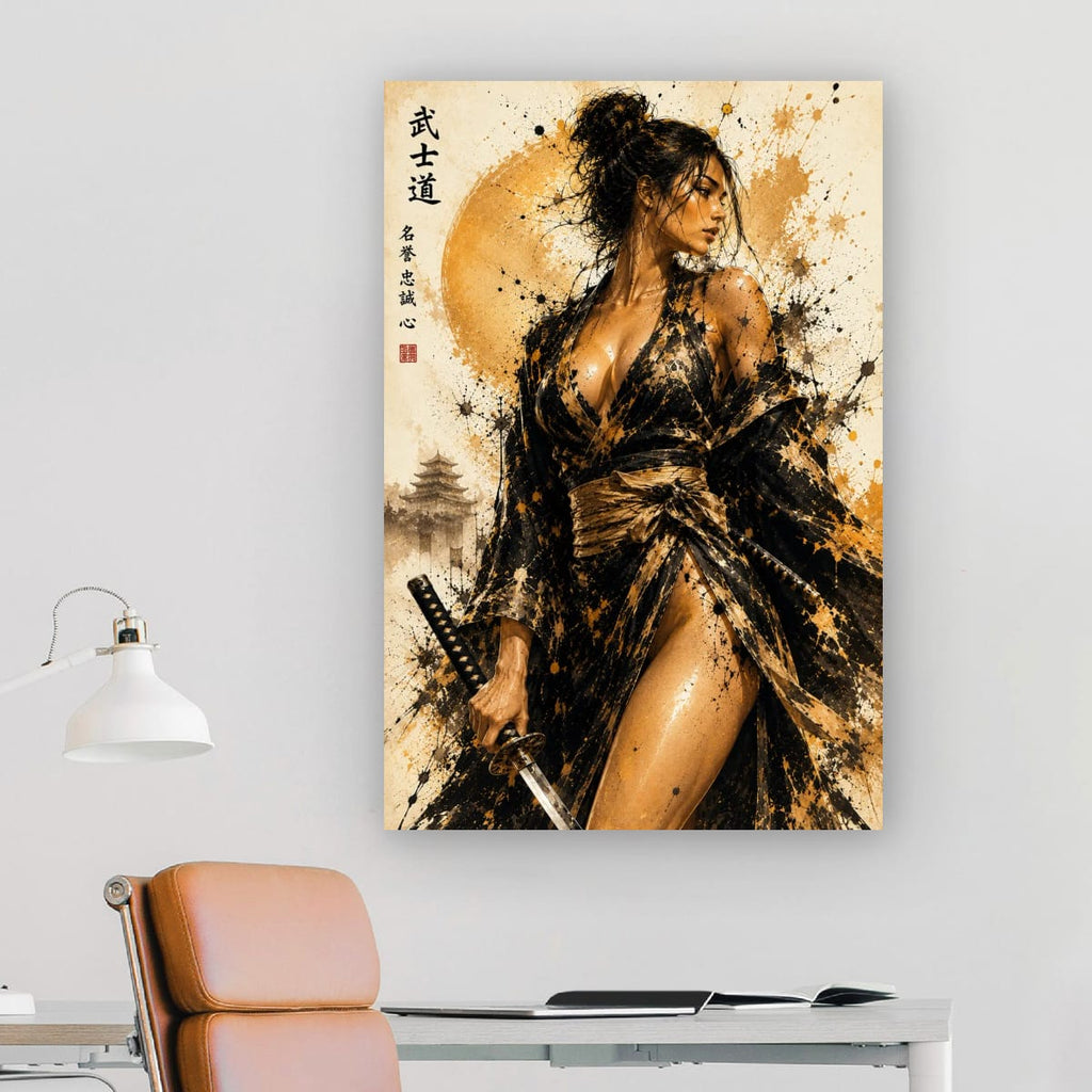 Japanese Warrior Lady Canvas | Black Gold Samurai Artwork