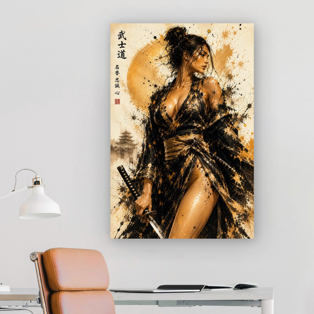 Japanese Warrior Lady Canvas | Black Gold Samurai Artwork