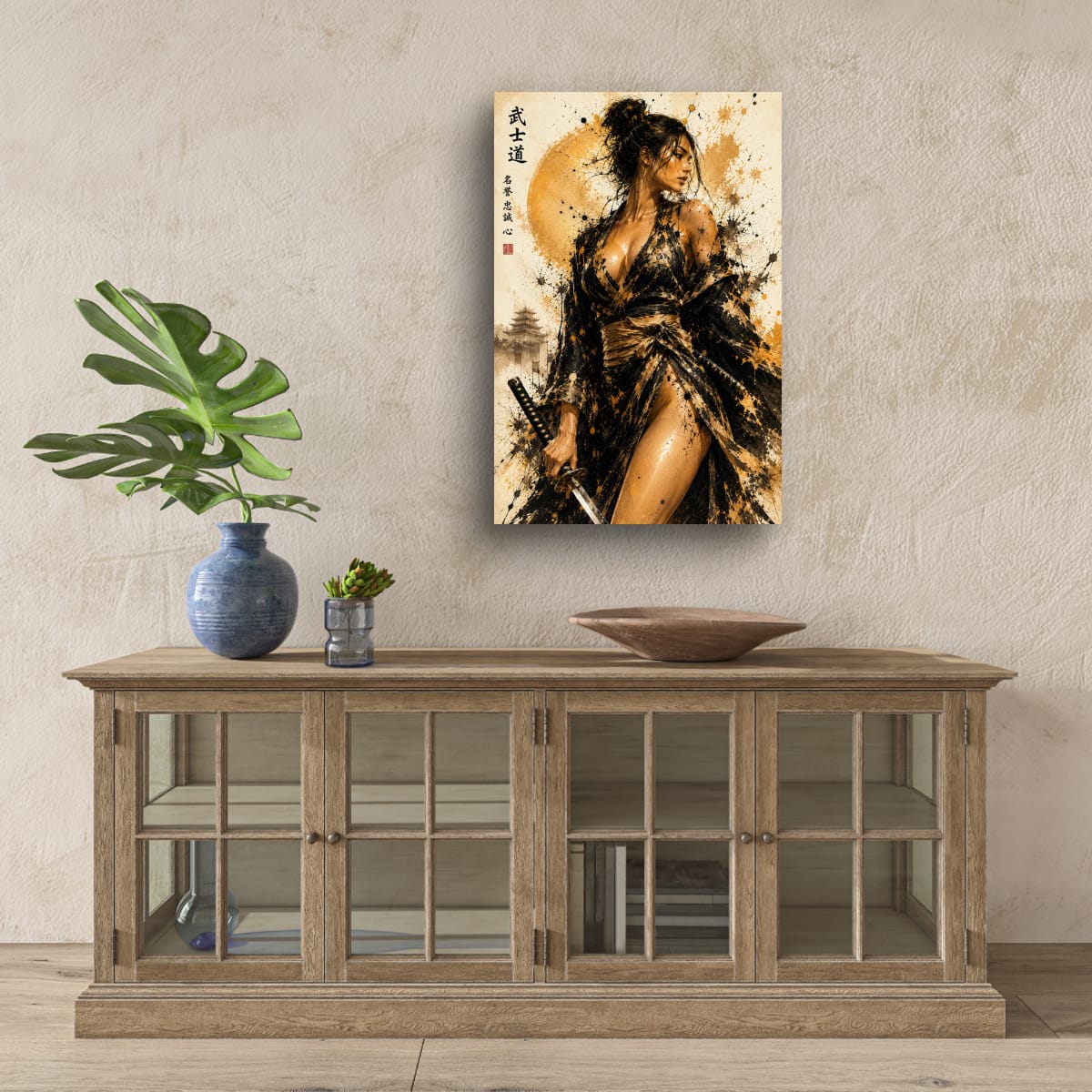 Bushido Warrior Woman Canvas | Japanese Ink Splash Wall Art