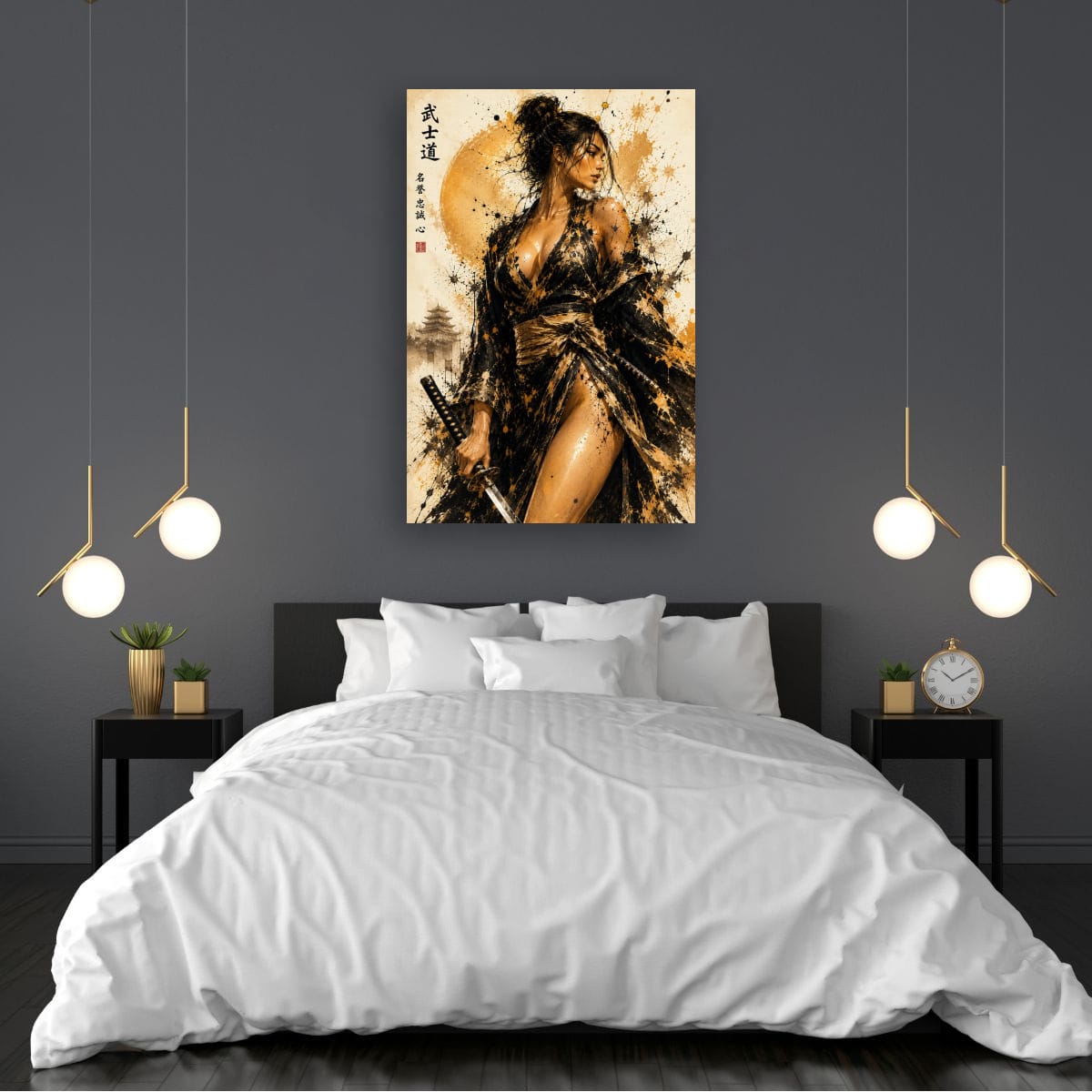Sensual Female Samurai Poster | Gold & Black Japanese Artwork