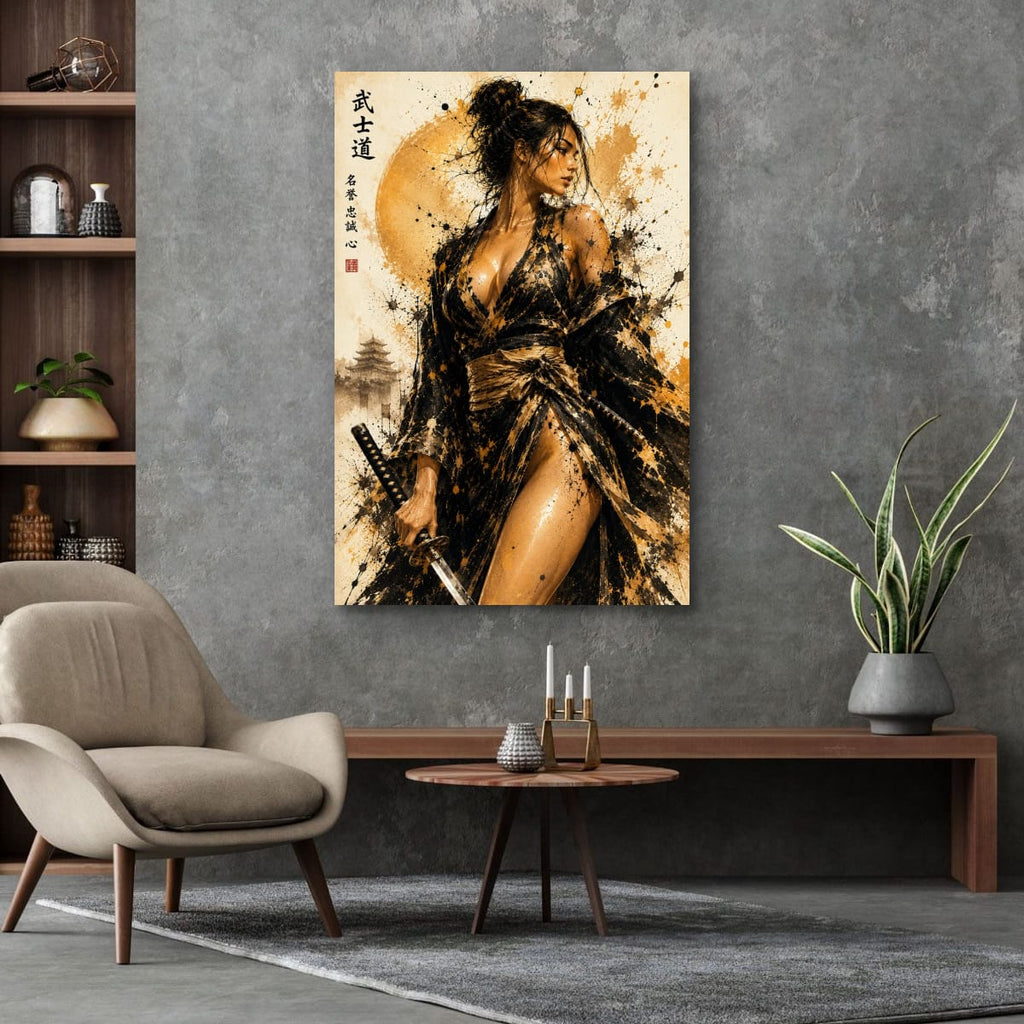 Black Kimono Samurai Girl | Japanese Ink Style Canvas