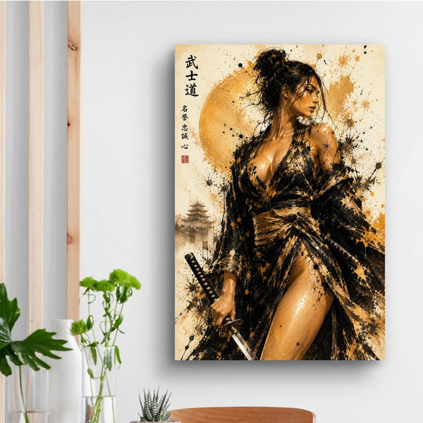 Elegant Onna-Bugeisha – Black & Gold Warrior Canvas | Refined Japanese Art