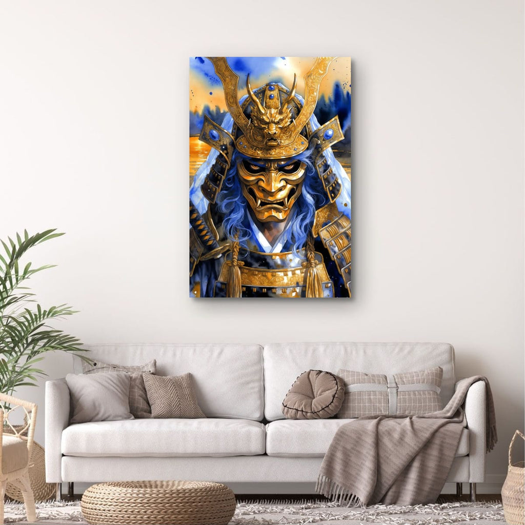 Japanese Demon Warrior Canvas | Blue and Gold Samurai Art
