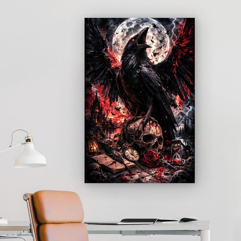Dark Raven Gothic Canvas | Skull and Moon Fantasy Wall Art
