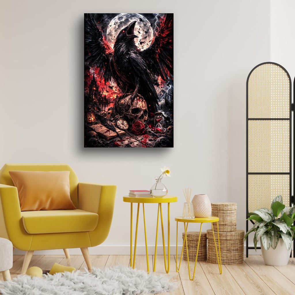 Dark Raven Gothic Canvas | Skull and Moon Fantasy Wall Art