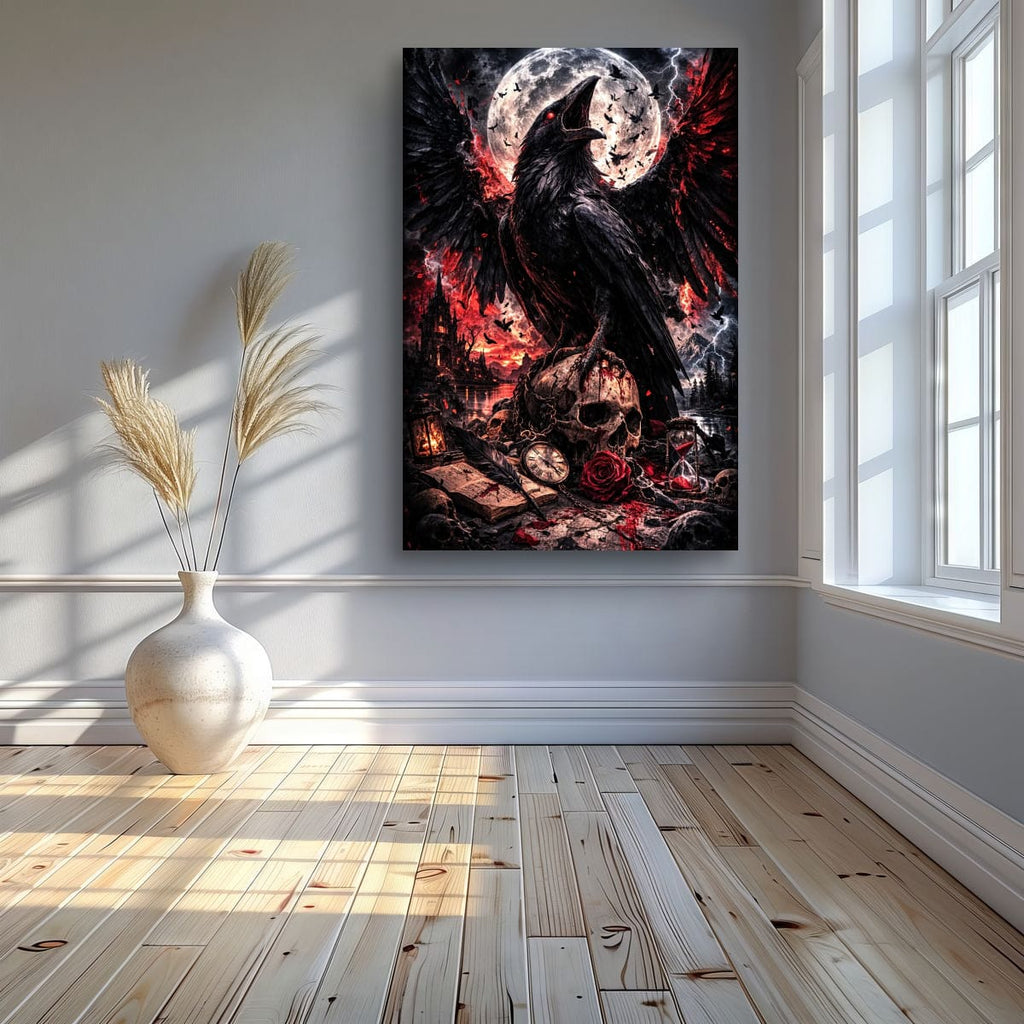 Dark Raven Gothic Canvas | Skull and Moon Fantasy Wall Art