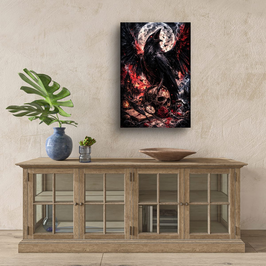 Dark Raven Gothic Canvas | Skull and Moon Fantasy Wall Art