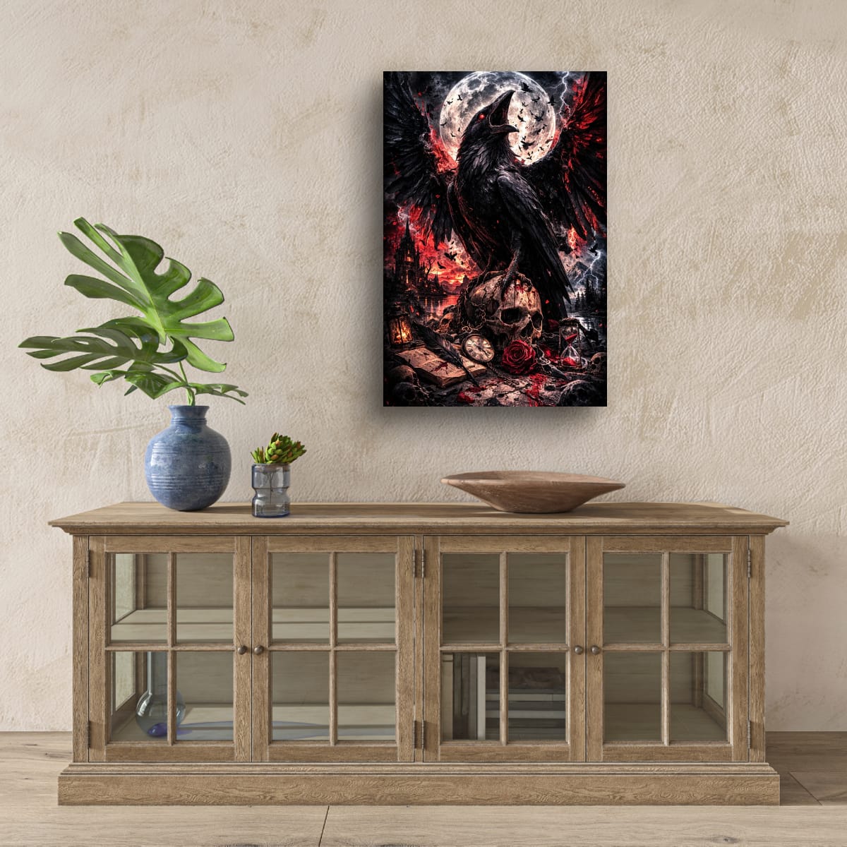 Dark Raven Gothic Canvas | Skull and Moon Fantasy Wall Art