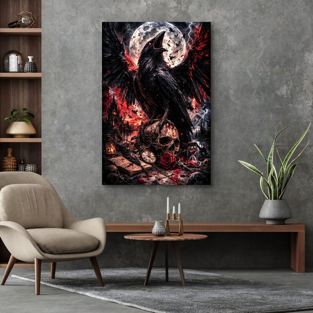 Dark Raven Gothic Canvas | Skull and Moon Fantasy Wall Art