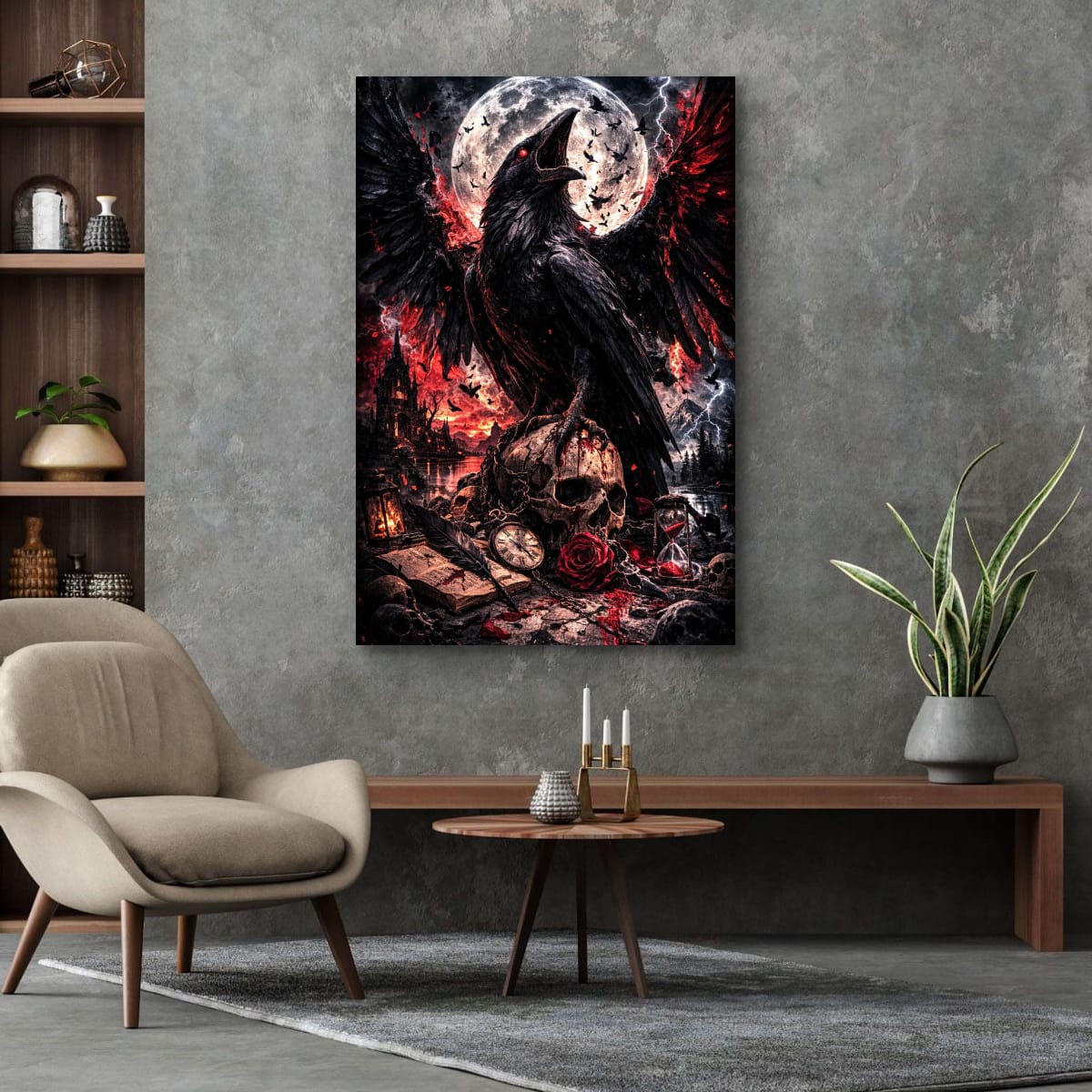 Dark Raven Gothic Canvas | Skull and Moon Fantasy Wall Art