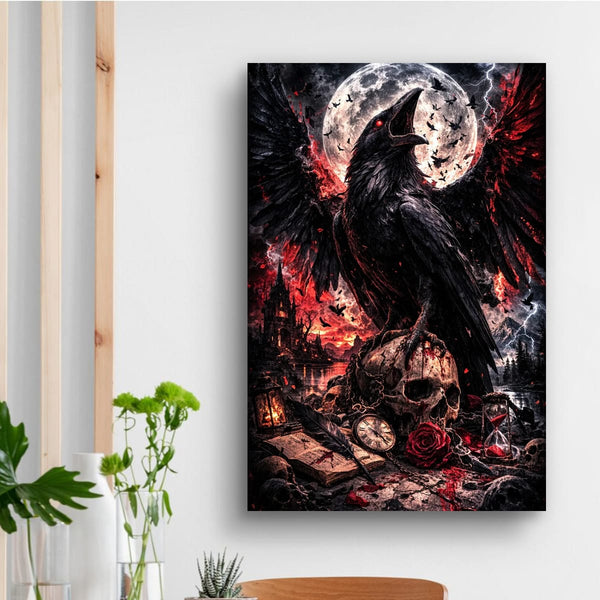 Dark Raven Gothic Canvas | Skull and Moon Fantasy Wall Art