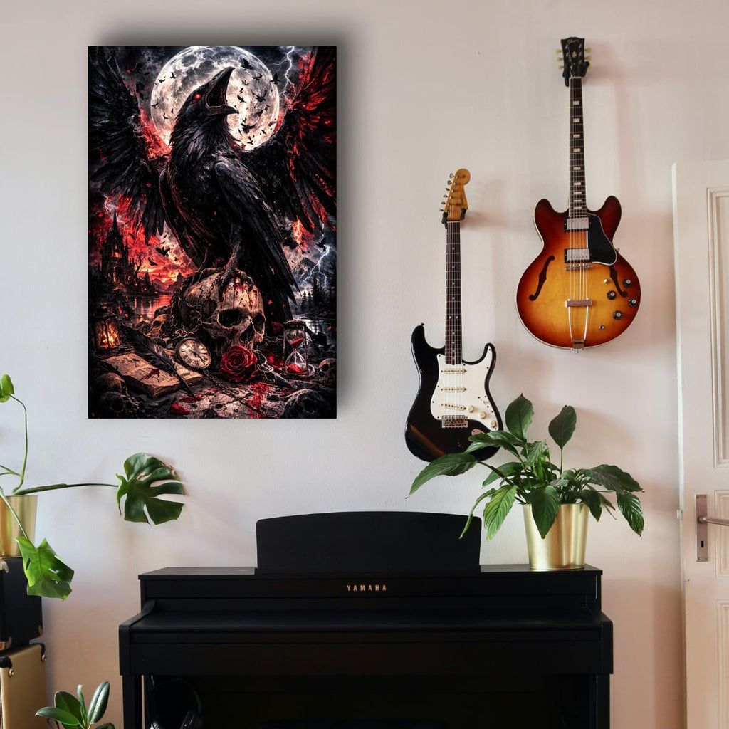 Dark Raven Gothic Canvas | Skull and Moon Fantasy Wall Art