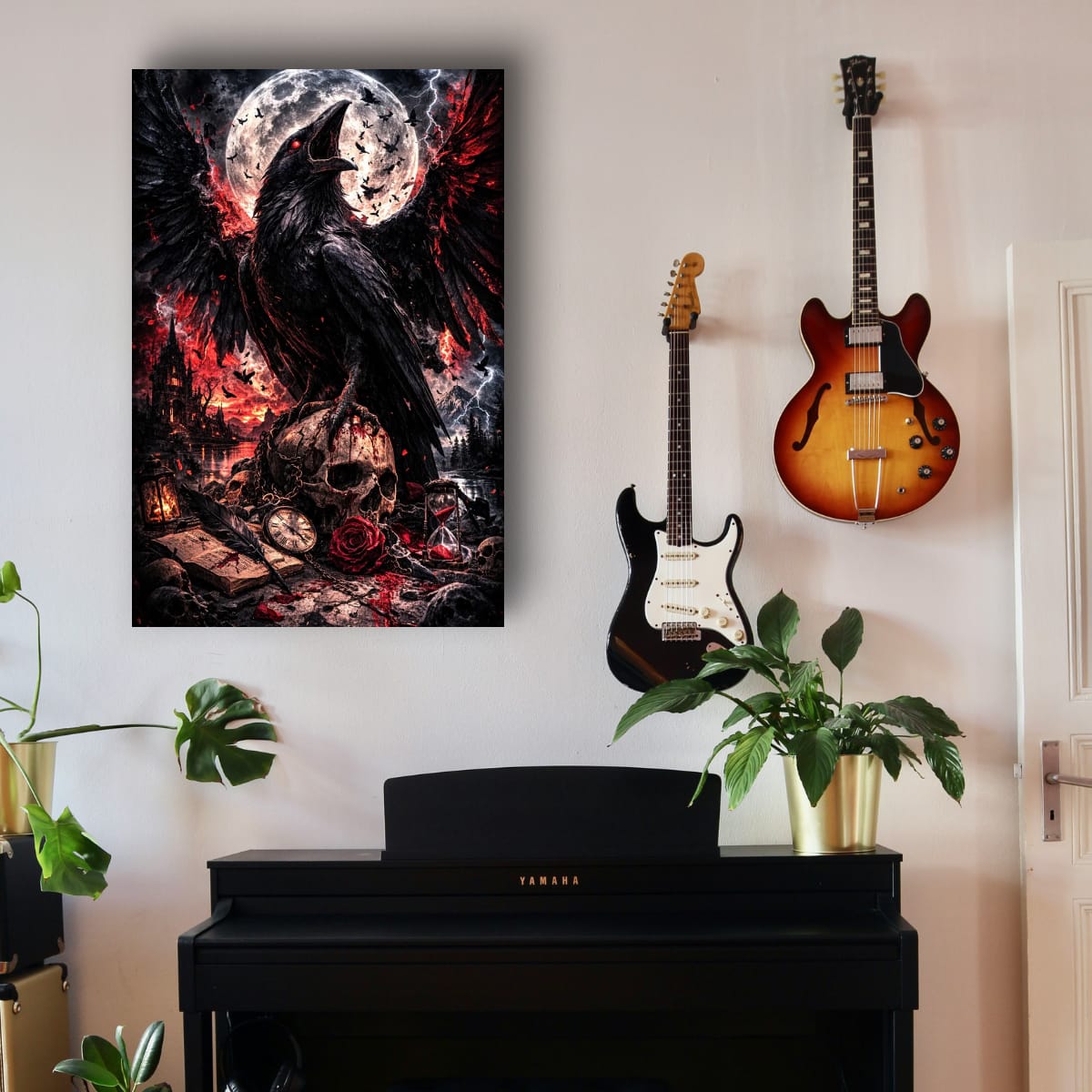 Dark Raven Gothic Canvas | Skull and Moon Fantasy Wall Art