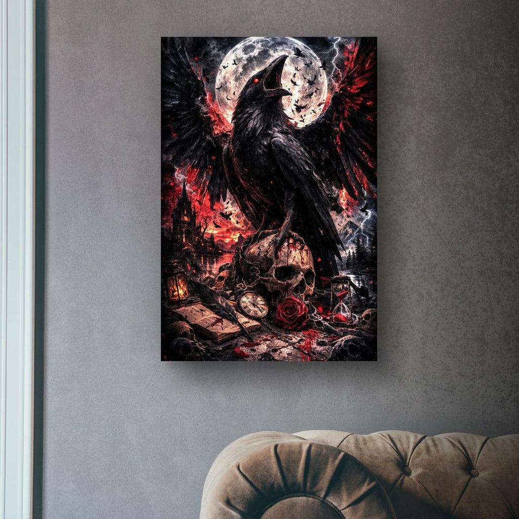 Dark Raven Gothic Canvas | Skull and Moon Fantasy Wall Art