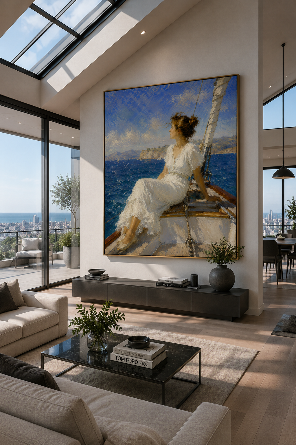 Impressionist sailboat canvas displayed in an executive office
