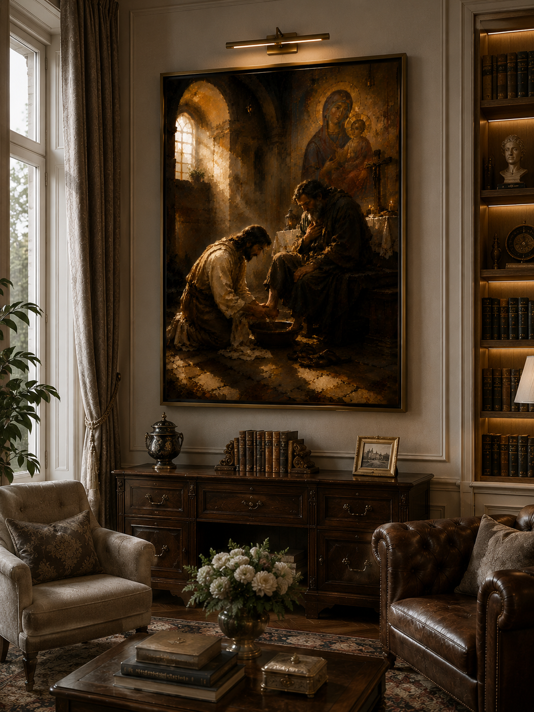 The Washing of the Feet canvas displayed in a warm sunlit bedroom