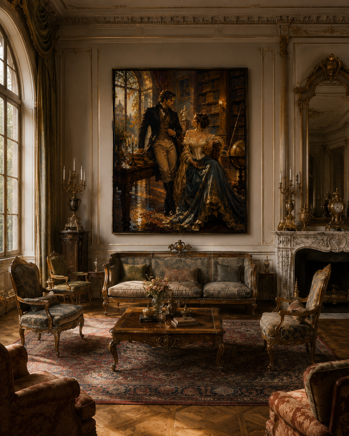 Romantic Victorian canvas displayed in a classic wood-paneled library