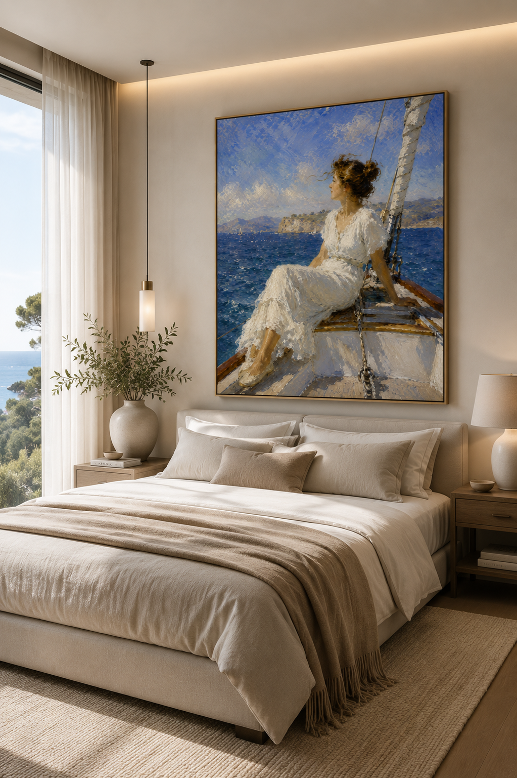 Impressionist canvas of a woman in white dress on a sailboat in the Mediterranean
