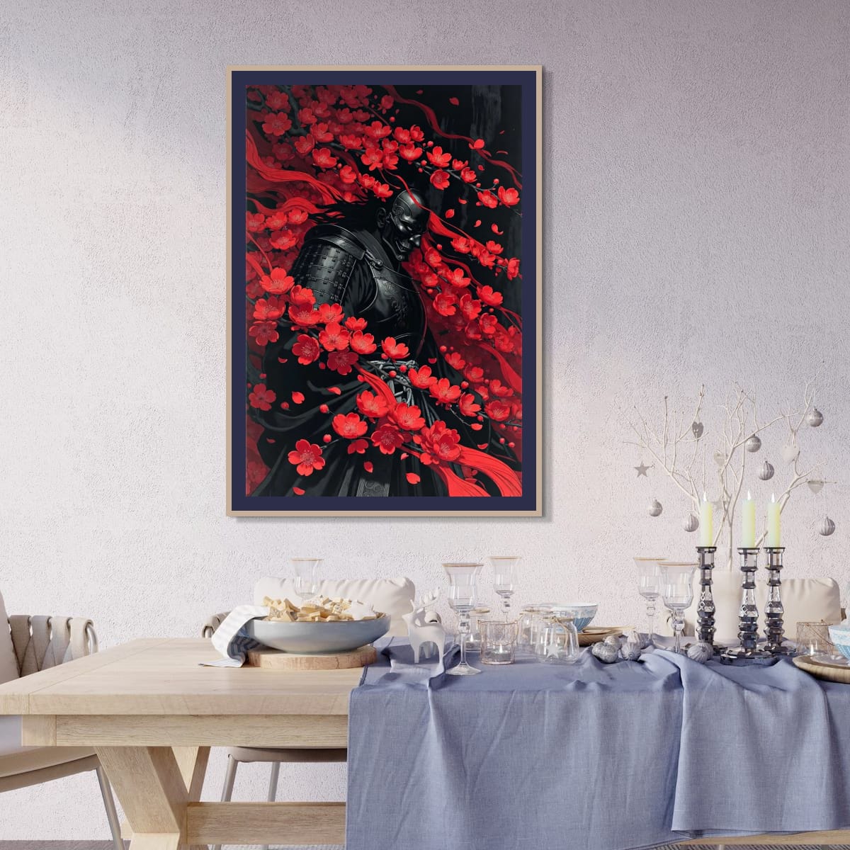 Japanese Shadow Warrior Print | Red Floral Wall Art