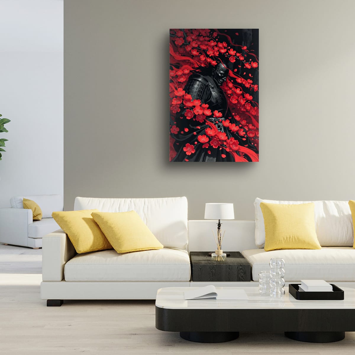 Black Armor Samurai Print | Red Sakura Wall Decor