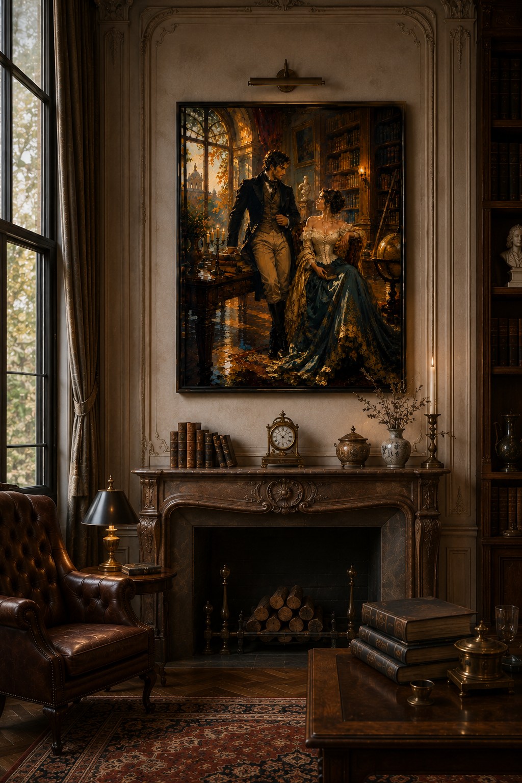 Victorian love story canvas displayed in a candlelit stone hallway