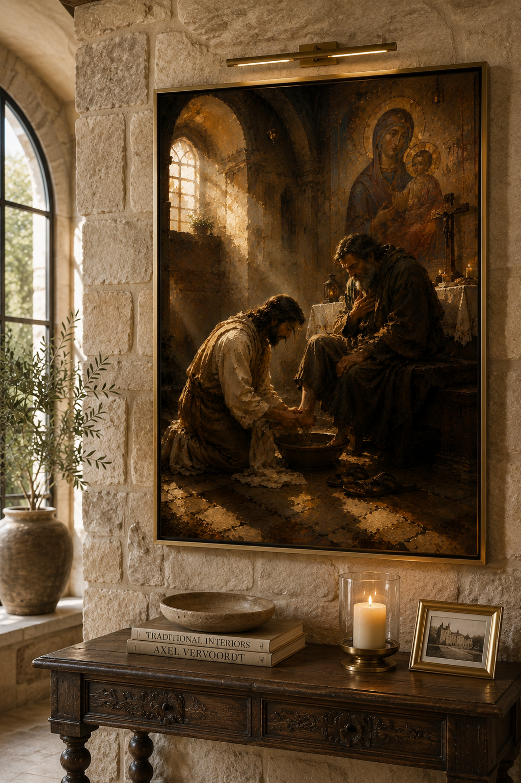 Religious art canvas displayed in a dark wood-paneled office
