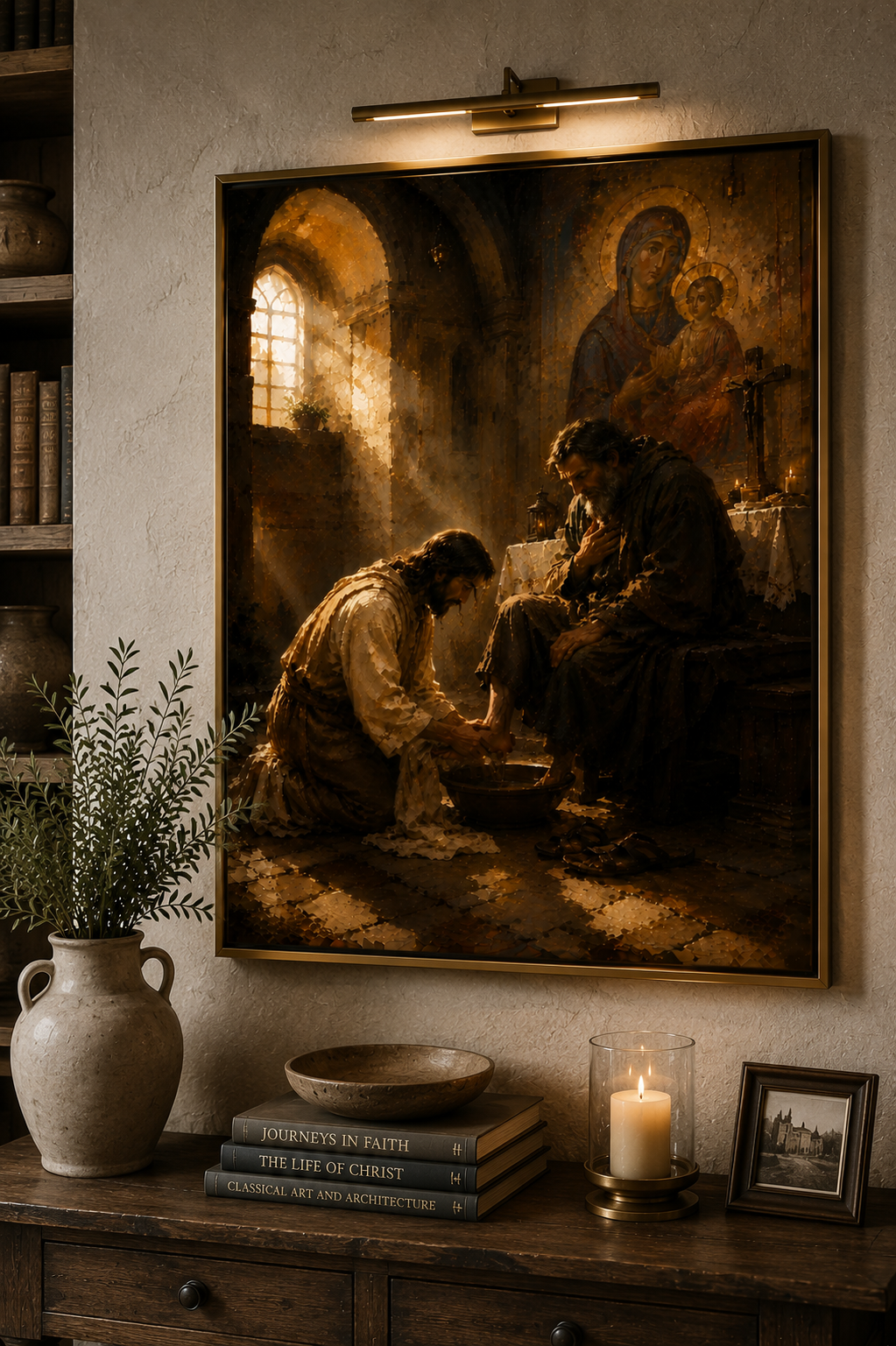 Sacred art canvas displayed above a marble console table