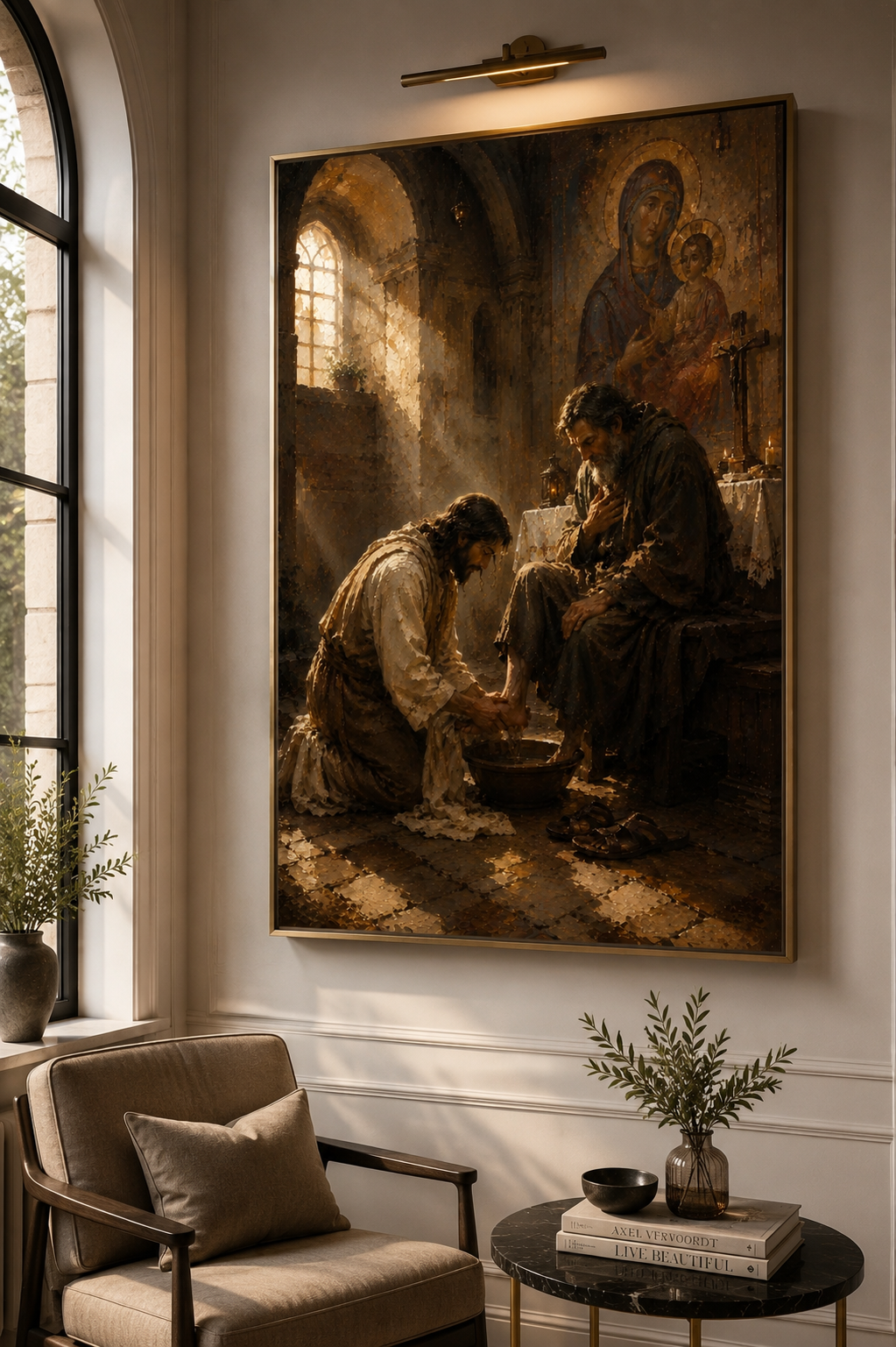 Religious canvas displayed in a classic wood-paneled study