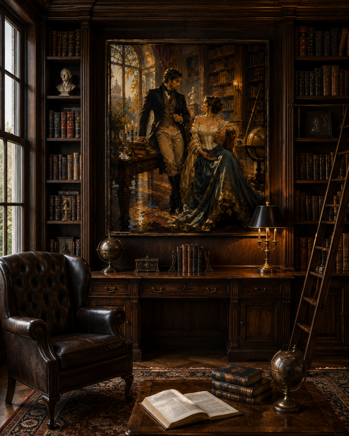 Romantic library canvas displayed above a marble fireplace