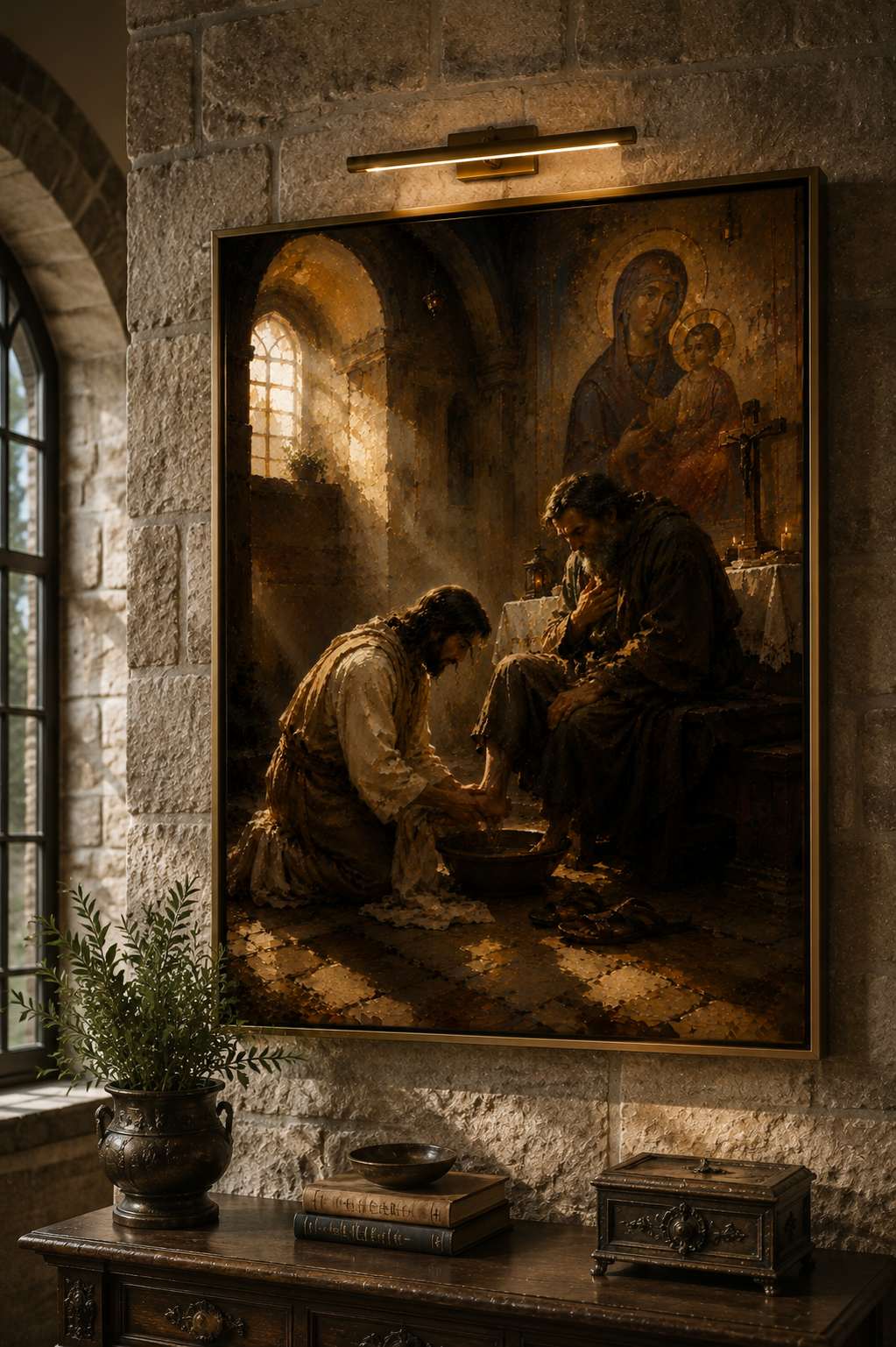 Religious canvas of the Washing of the Feet displayed in a gallery setting