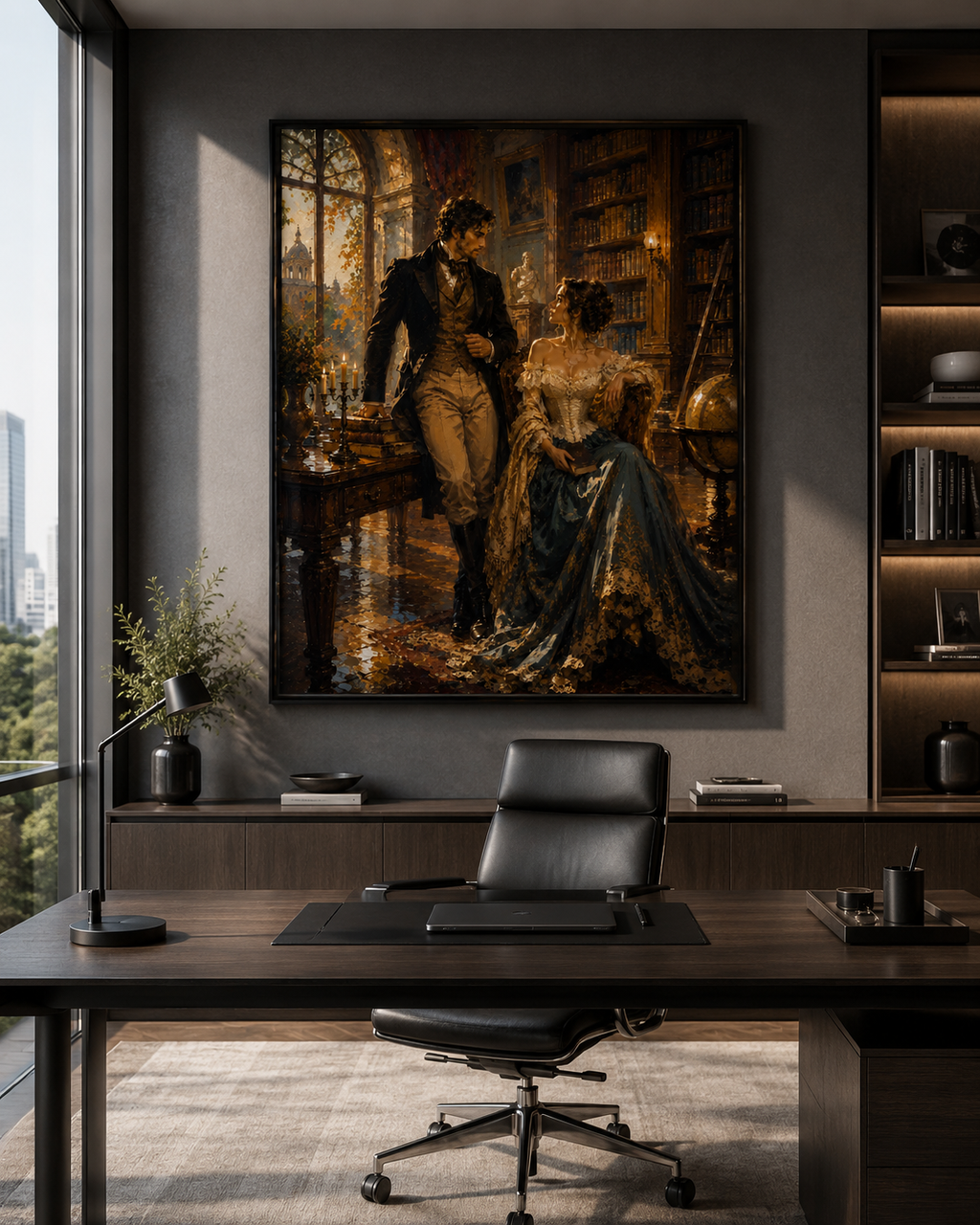 Victorian couple canvas displayed in a modern executive office