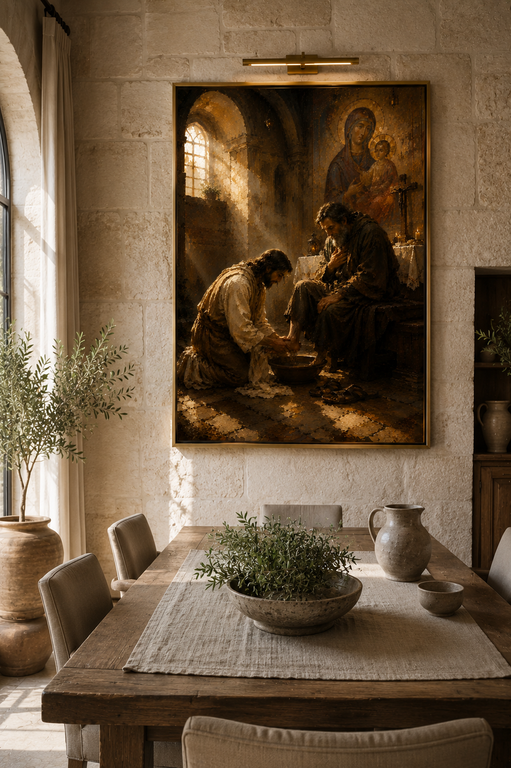 Sacred art canvas displayed in an elegant traditional living room