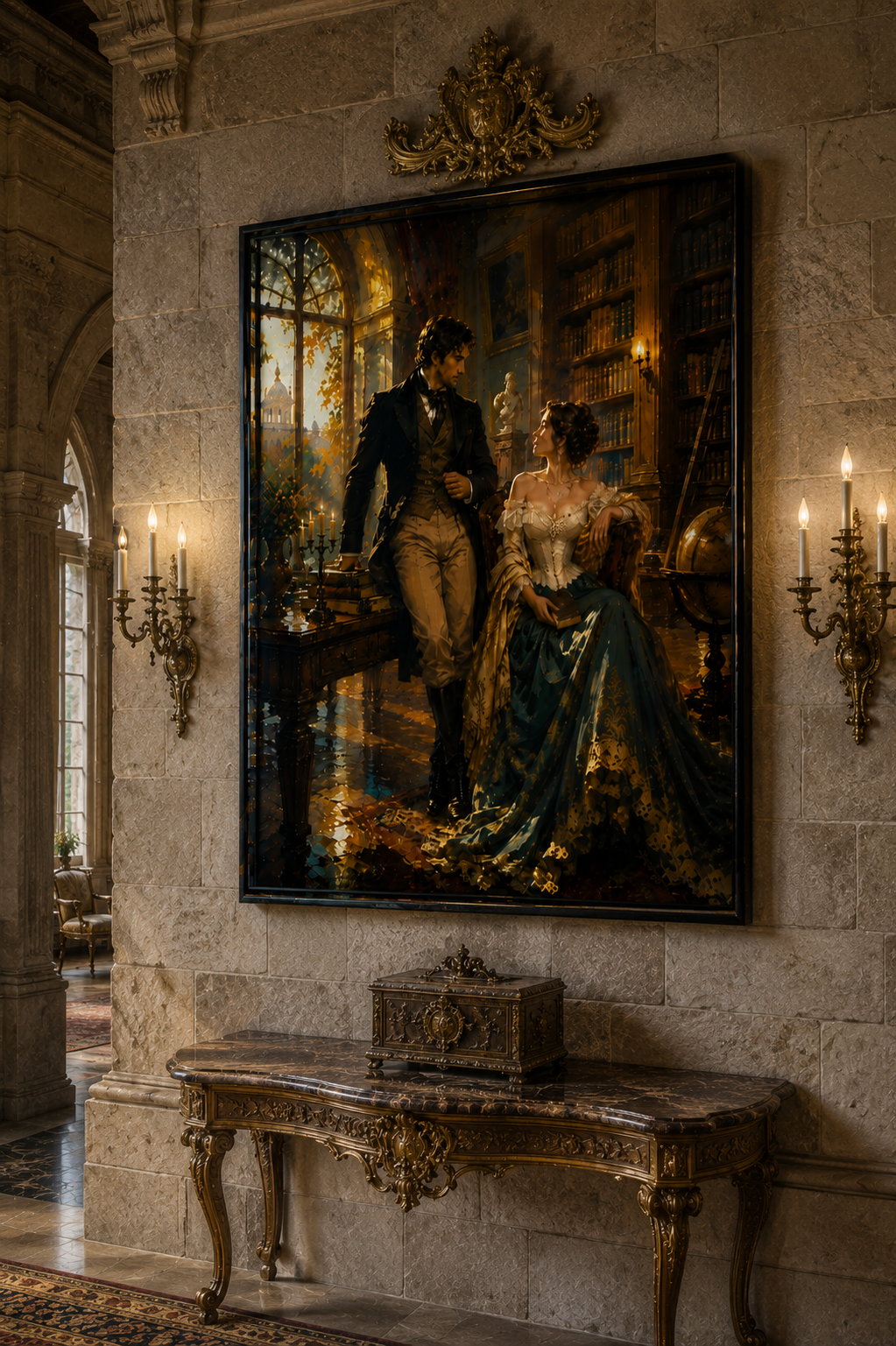 Victorian couple library canvas displayed in an elegant dark dining room