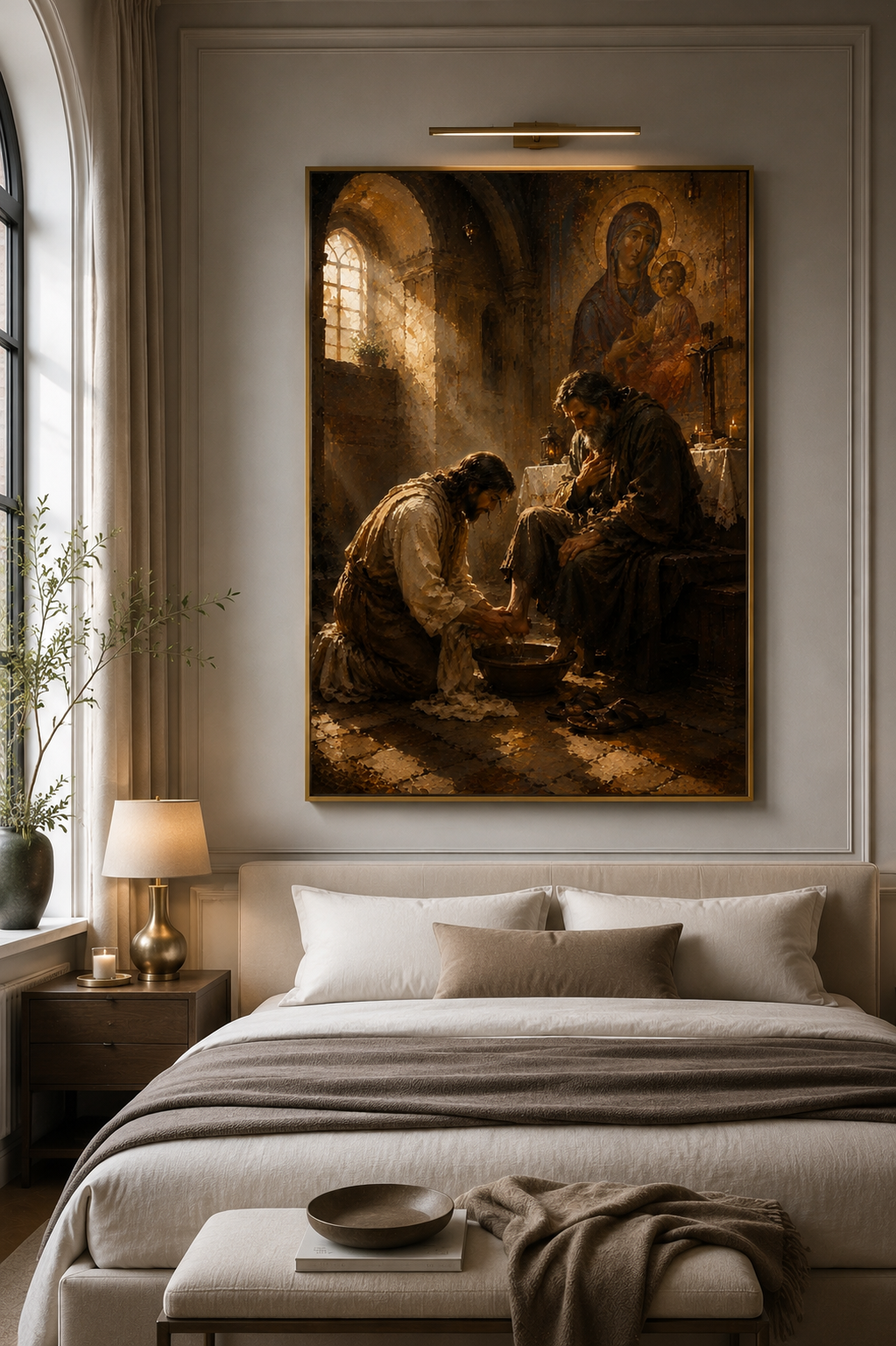 Sacred art canvas of Christ washing feet displayed in a warm reading nook