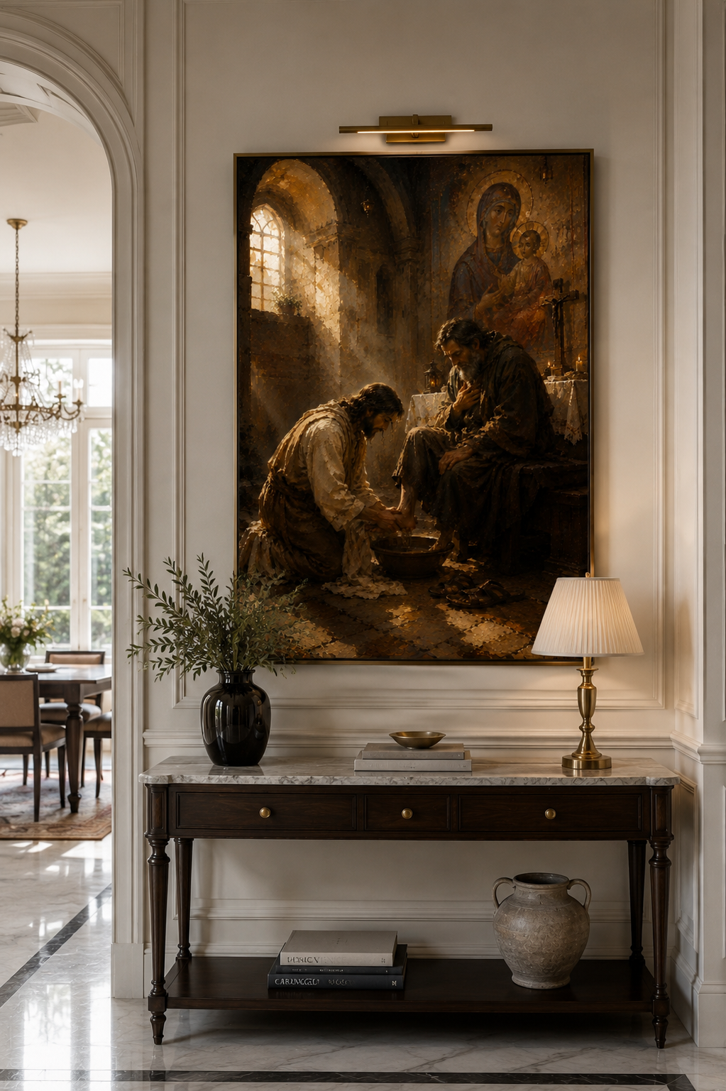 The Washing of the Feet canvas displayed above a rustic console table