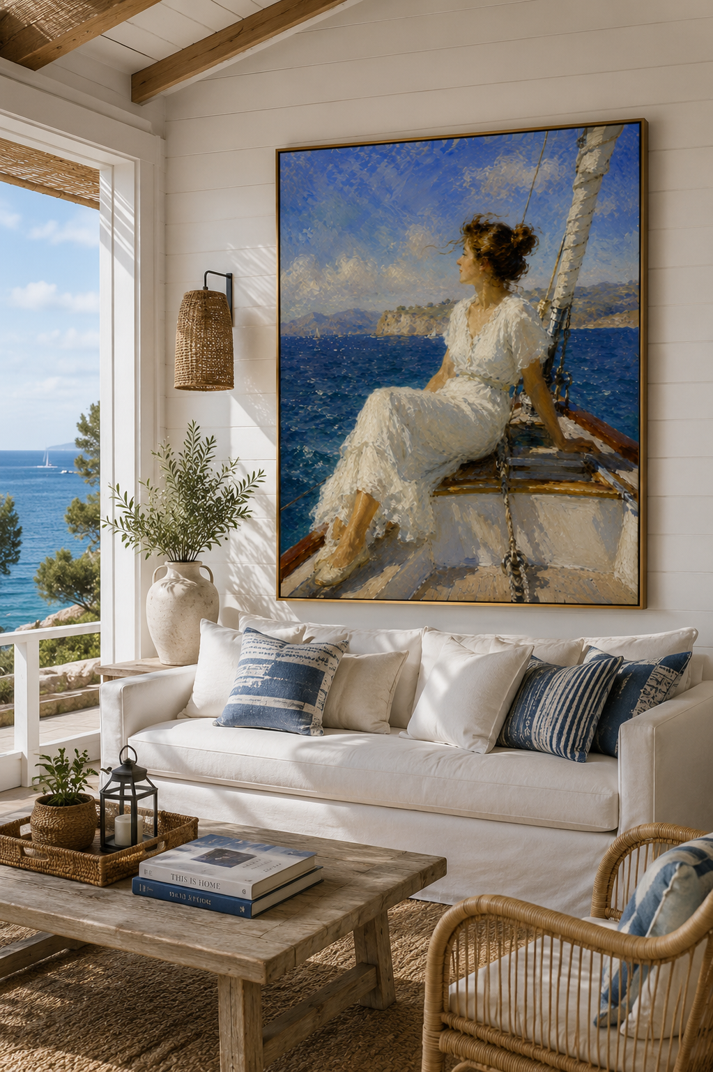 Impressionist sailboat canvas displayed in a gallery setting