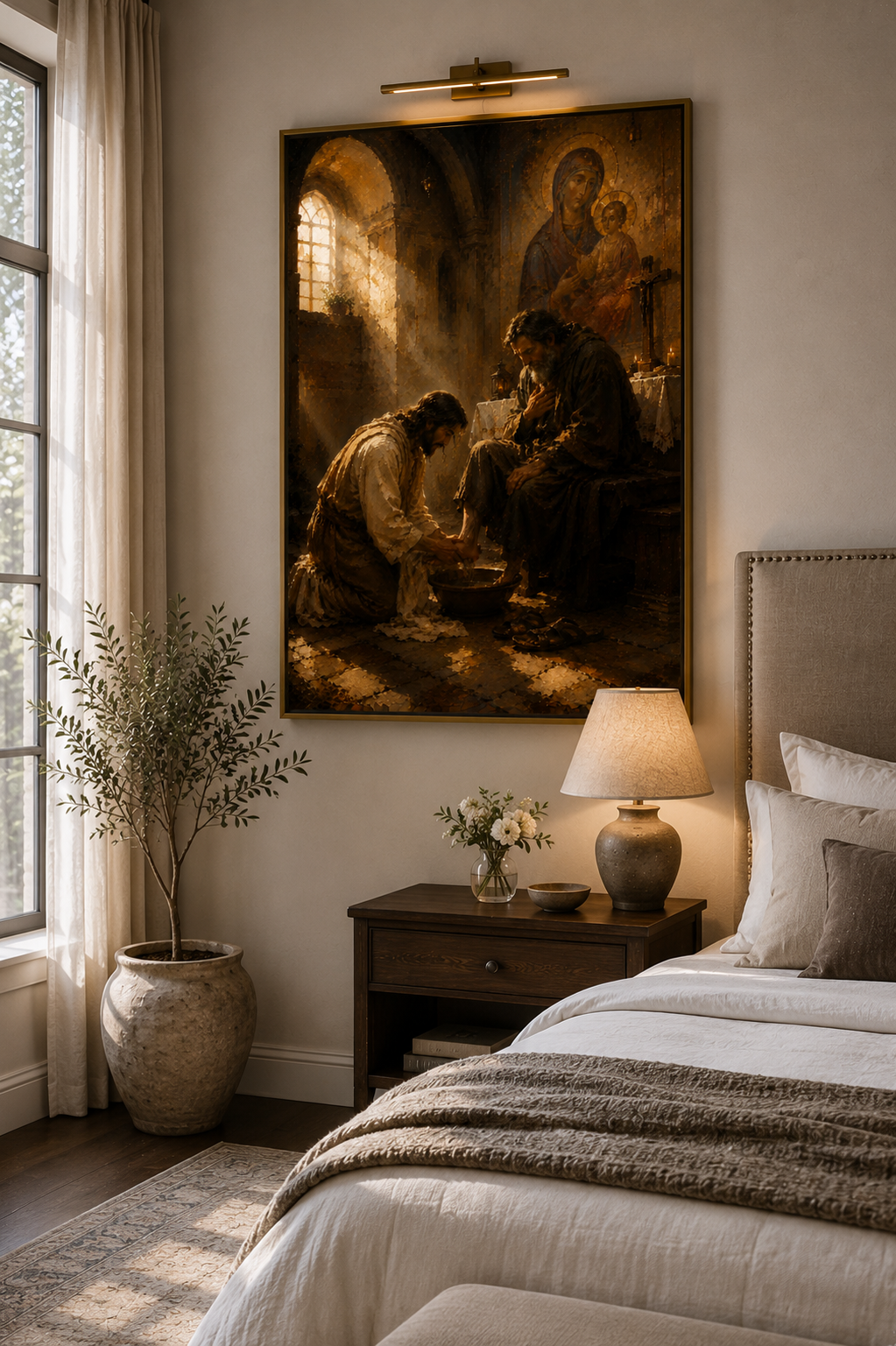 The Washing of the Feet canvas displayed in a stone-walled entryway