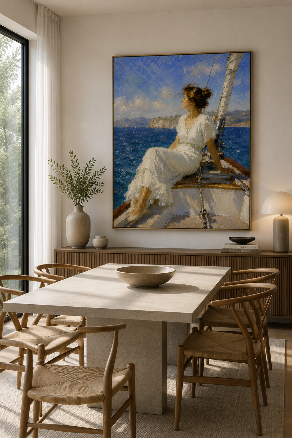 Impressionist sailboat canvas displayed in a bedroom