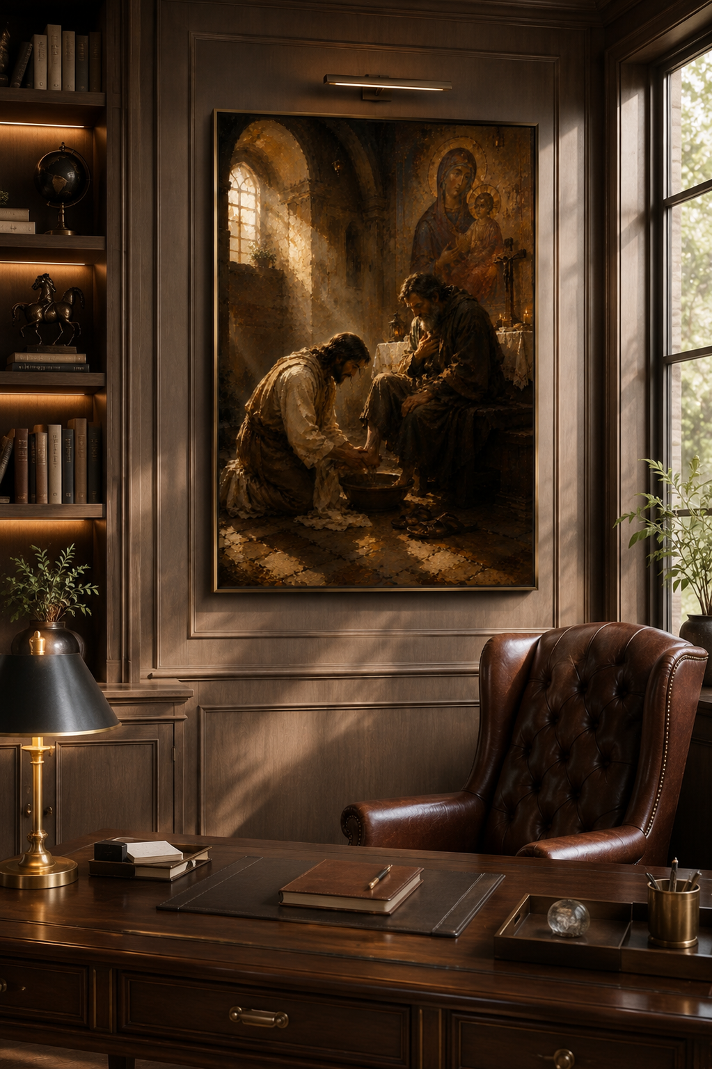 The Washing of the Feet religious canvas displayed in a golden palace hallway