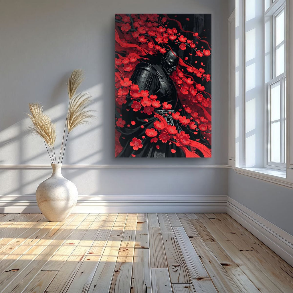 Samurai Under Cherry Blossoms | Dark Japanese Canvas Art