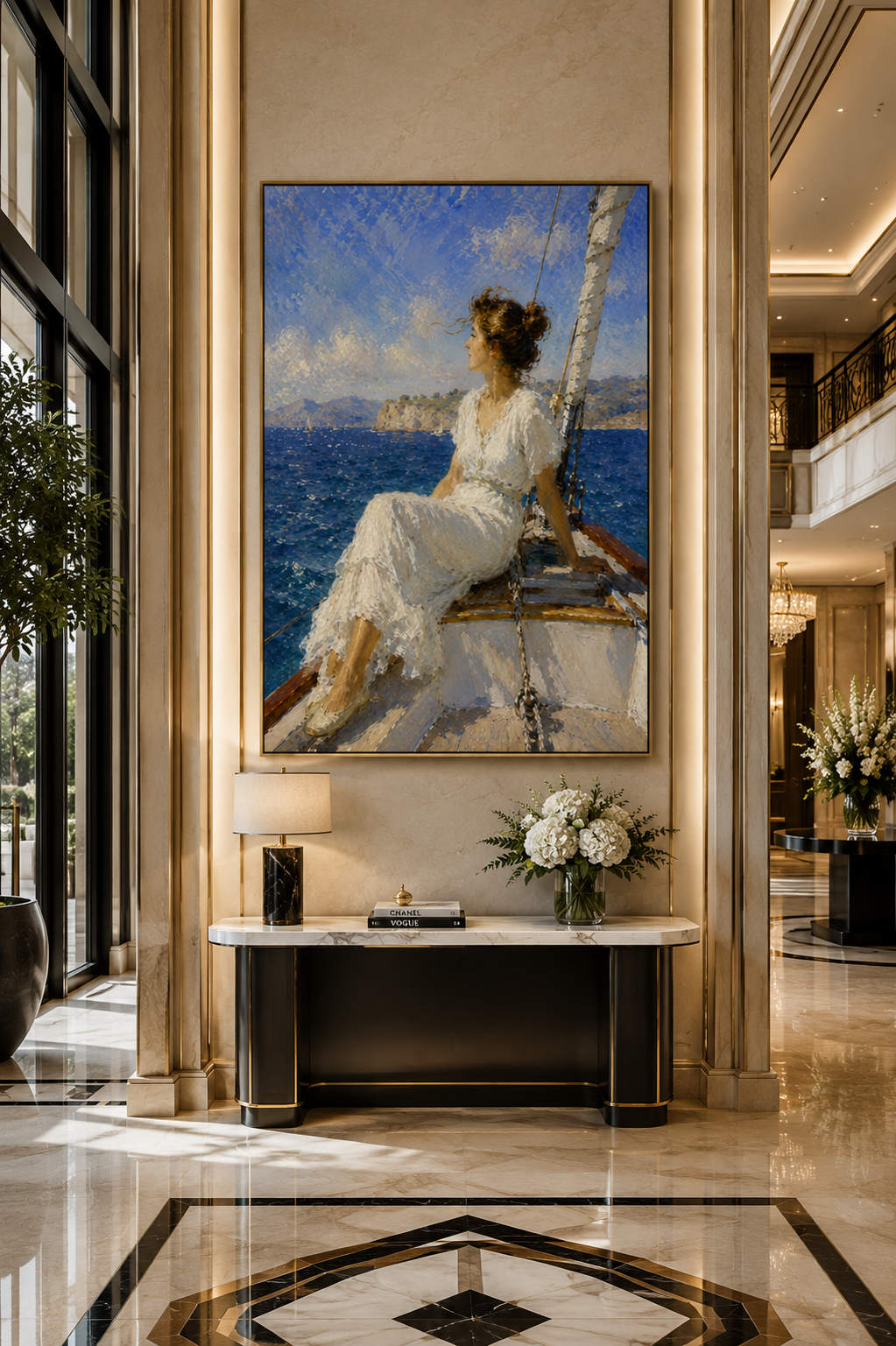 Impressionist sailboat canvas displayed in a modern living room