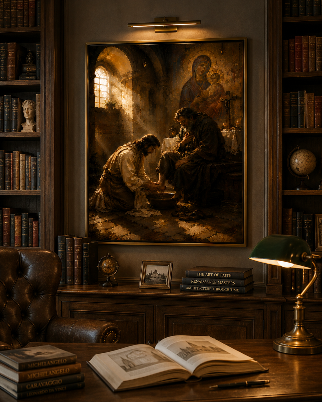 The Washing of the Feet canvas displayed above a bed in a serene bedroom
