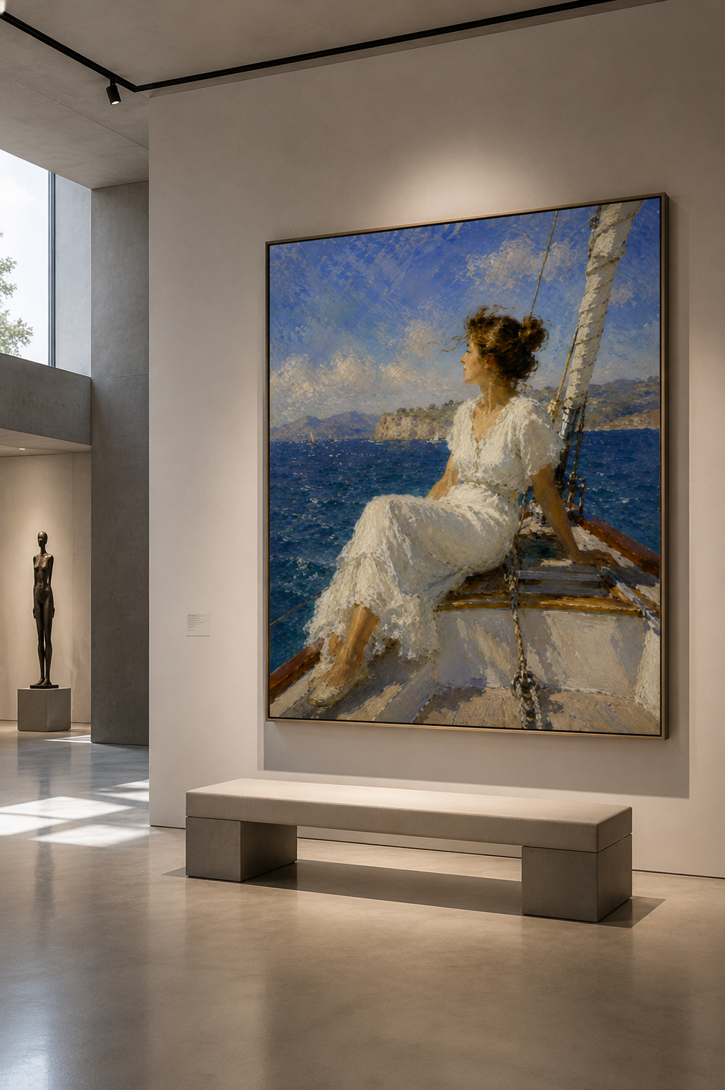 Impressionist sailboat canvas displayed in a dining room