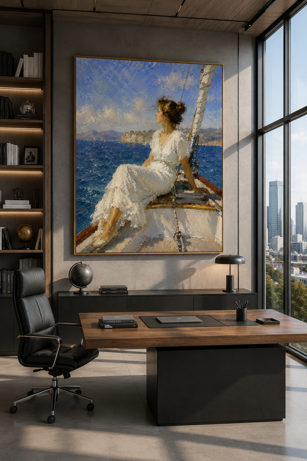 Mediterranean sailboat canvas displayed in an elegant interior